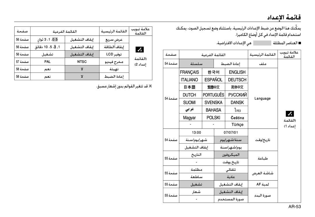 Samsung EC-L730ZRDB/AS, EC-L830ZR01KFR, EC-L830ZBBA/E1, EC-L830ZRDA/E3 manual اﺮﻴﻣﺎﻜﻟا عﺎﺿوأ ﻞﻛ ﻲﻓ داﺪﻋﻹا ﺔﻤﺋﺎﻗ ماﺪﺨﺘﺳا 