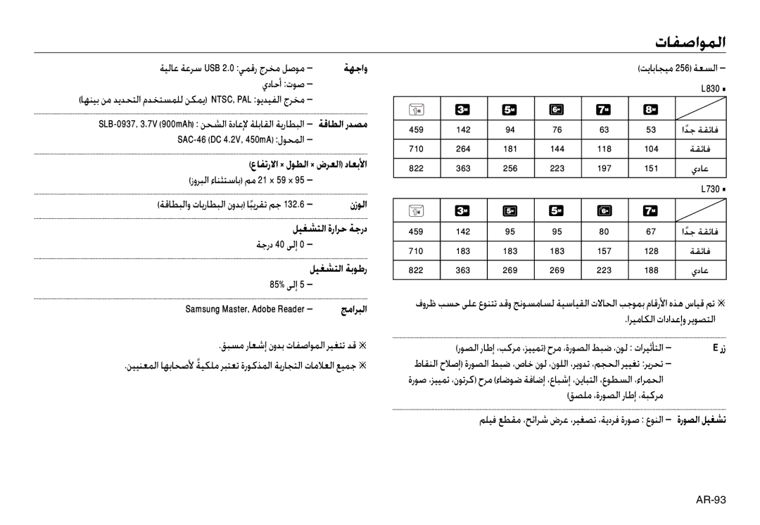 Samsung EC-L830ZBBA/TR manual ﺔﻴﻟﺎﻋ ﺔﻋﺮﺳ USB 2.0 ﻲﻤﻗر جﺮﺨﻣ ﻞﺻﻮﻣ, يدﺎﺣأ تﻮﺻ, SAC-46 DC 4.2V, 450mA لﻮﺤﻤﻟا, ﺔﺟرد 40 ﻰﻟإ 0 
