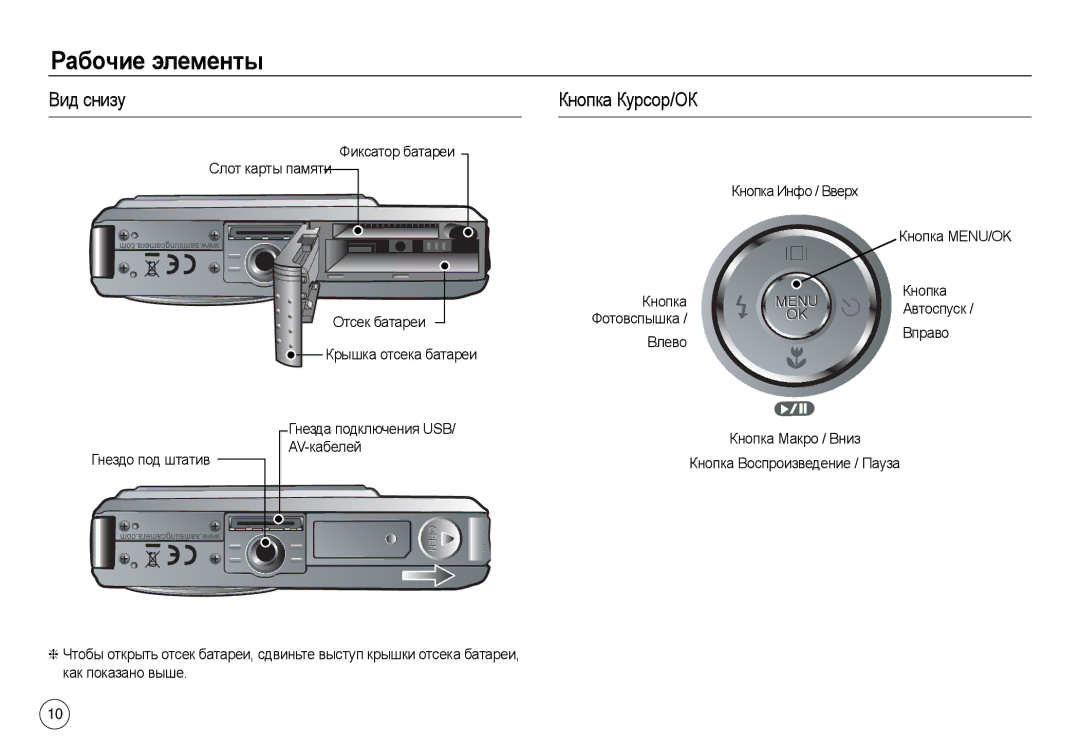 Samsung EC-L730ZBDA/E3, EC-L830ZR01KFR, EC-L830ZBBA/E1, EC-L830ZRDA/E3, EC-L830ZRBA/E1 manual Вид снизу Кнопка Курсор/ОК 