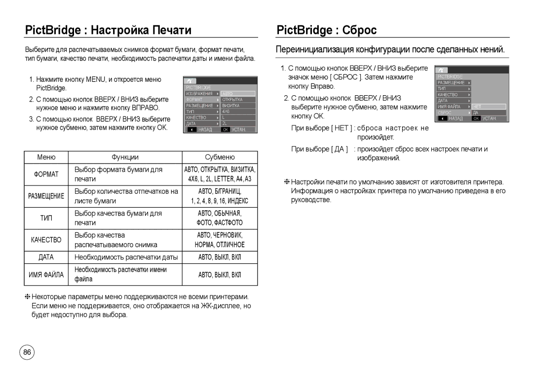 Samsung EC-L730ZSBA/US, EC-L830ZR01KFR, EC-L830ZBBA/E1, EC-L830ZRDA/E3 manual PictBridge Настройка Печати, PictBridge Сброс 