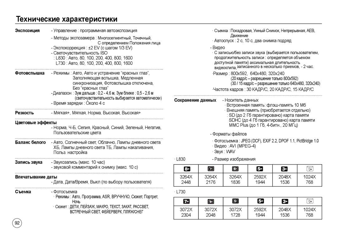 Samsung EC-L830ZBBA/TR manual ·Размер 800x592, 640x480 20 кадр/с разрешение только, 2592X 2048X 1024X, · L730 3072X, 1728 