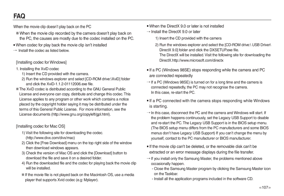 Samsung EC-L830ZRDA/DE, EC-L830ZR01KFR manual When the movie clip doesn’t play back on the PC, Installing codec for Windows 