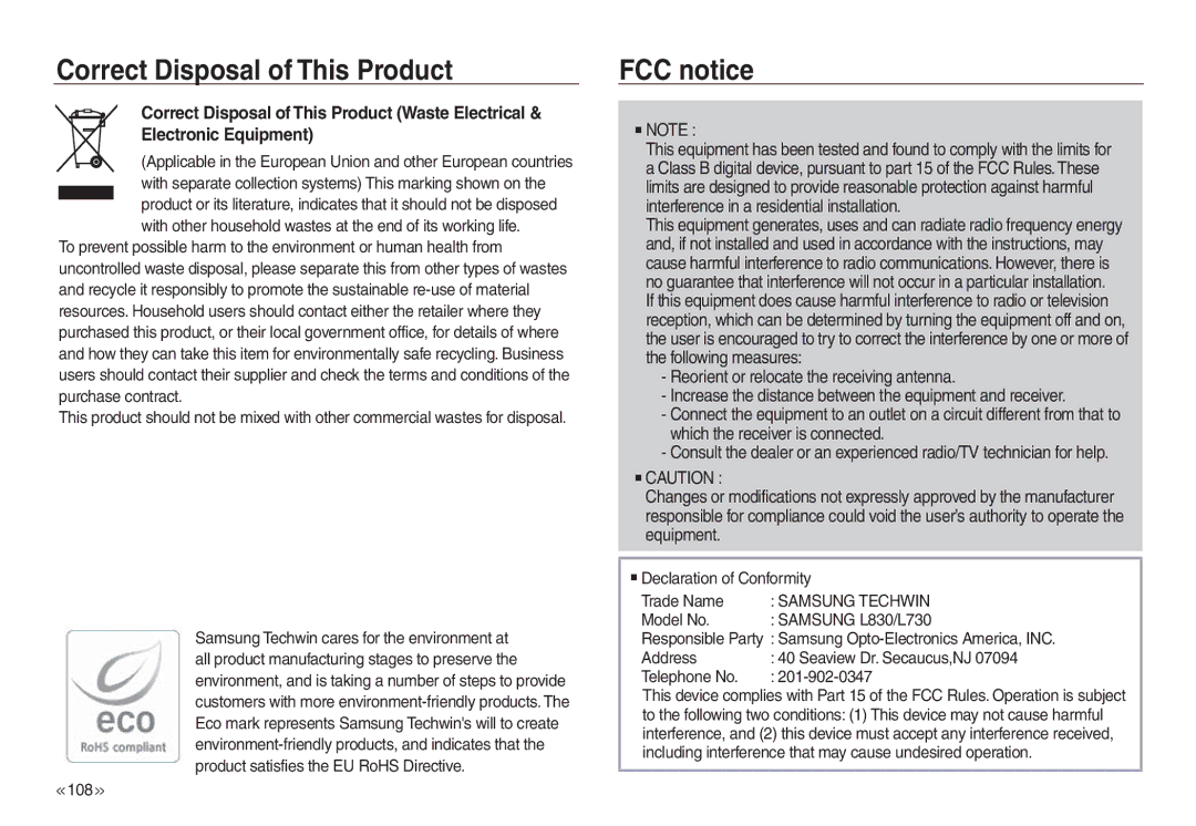 Samsung EC-L830ZSAA, EC-L830ZR01KFR, EC-L830ZBBA/E1, EC-P83ZZSBA/FR, EC-L730ZBAA Correct Disposal of This Product, FCC notice 