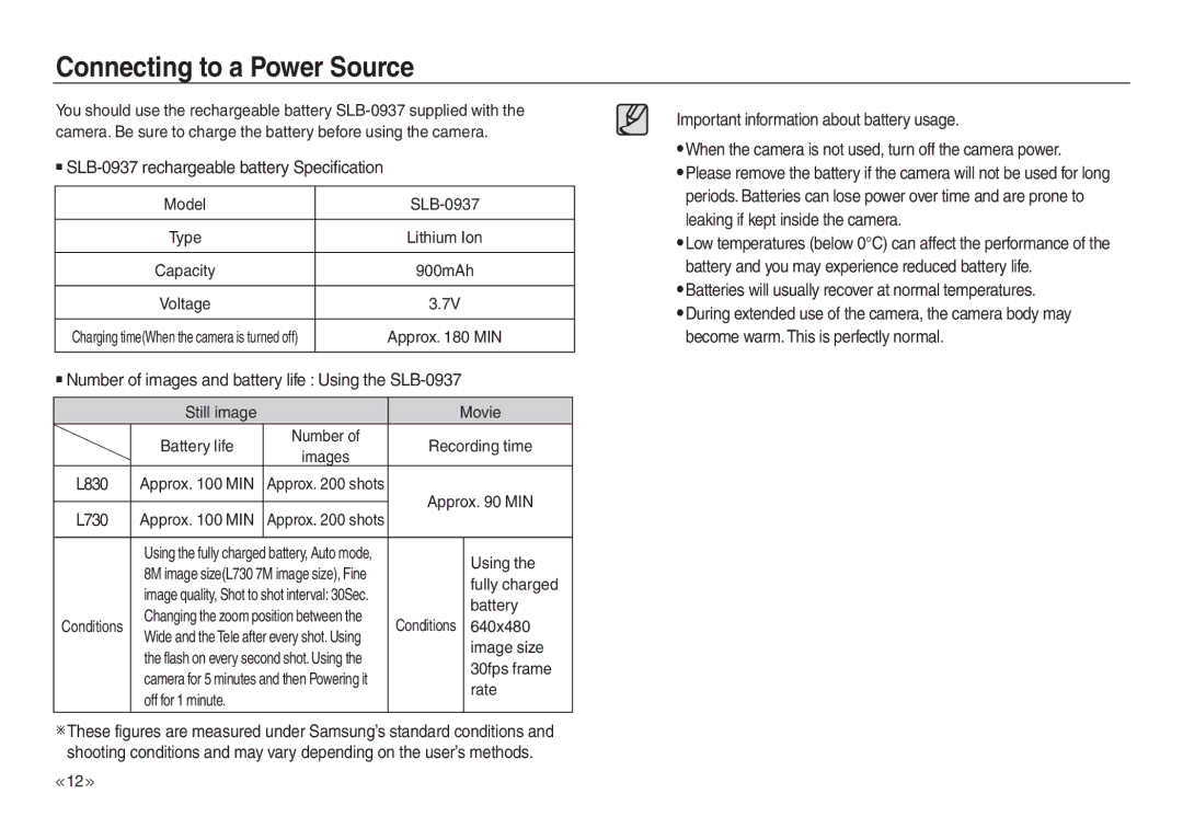 Samsung EC-L730ZRBA/E1, EC-L830ZR01KFR manual Connecting to a Power Source, SLB-0937 rechargeable battery Specification 