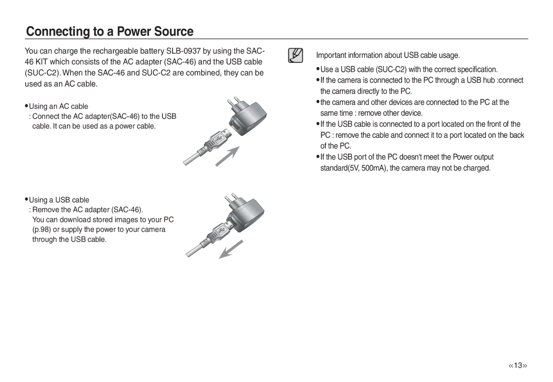 Samsung EC-L730ZBDA/E3, EC-L830ZR01KFR, EC-L830ZBBA/E1, EC-P83ZZSBA/FR, EC-L830ZRDA/E3, EC-L830ZRBA/E1 manual Using an AC cable 