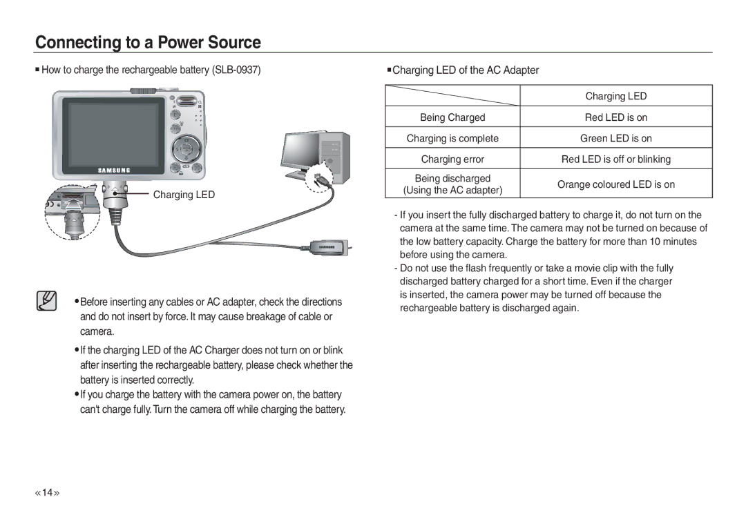 Samsung EC-L830ZRBA/E2, EC-L830ZR01KFR How to charge the rechargeable battery SLB-0937, Charging LED of the AC Adapter 