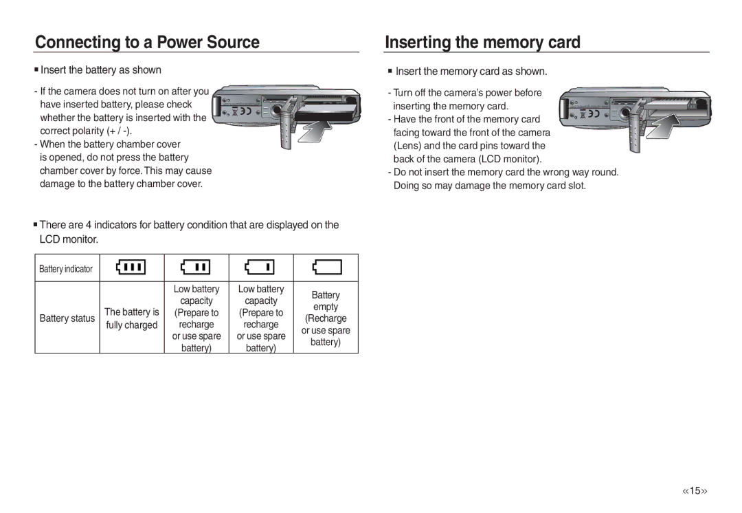 Samsung EC-L730ZBBA/E1 manual Inserting the memory card, Insert the battery as shown, Insert the memory card as shown 