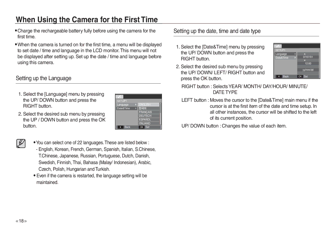Samsung EC-L730ZSBA/E1, EC-L830ZR01KFR When Using the Camera for the First Time, Setting up the date, time and date type 