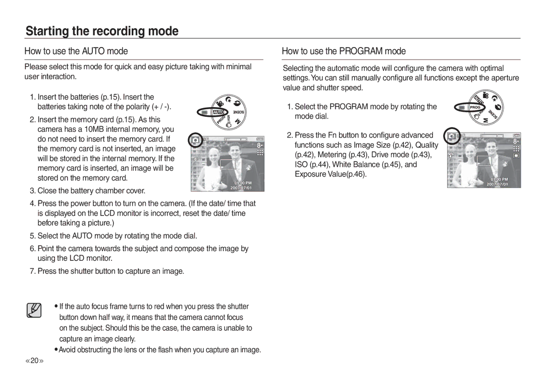 Samsung EC-L830ZSBA/E2, EC-L830ZR01KFR Starting the recording mode, How to use the Auto mode, How to use the Program mode 