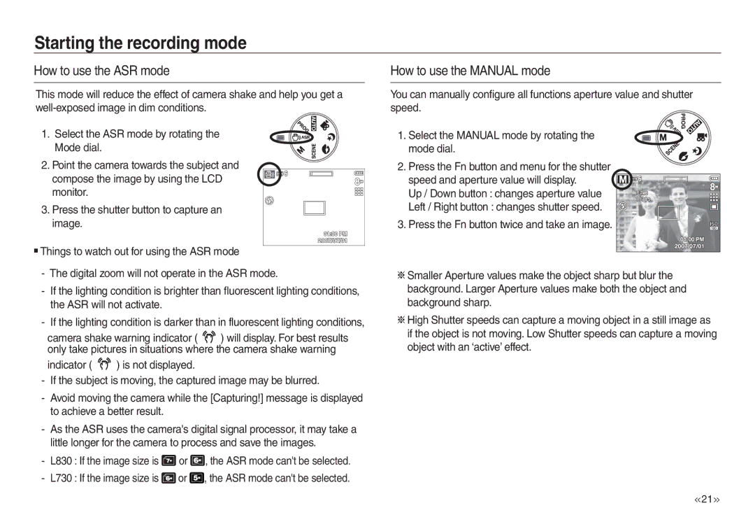 Samsung EC-L830ZBBA/E2, EC-L830ZR01KFR, EC-L830ZBBA/E1, EC-P83ZZSBA/FR How to use the ASR mode, How to use the Manual mode 