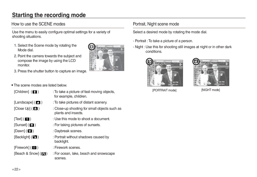 Samsung EC-L830ZBBA/IT, EC-L830ZR01KFR, EC-L830ZBBA/E1, EC-L730S02KFR How to use the Scene modes, Portrait, Night scene mode 