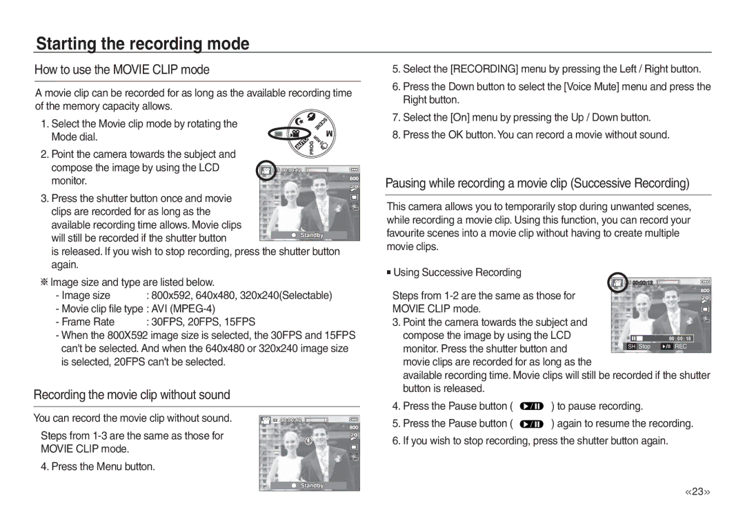 Samsung EC-L730ZSBA/IT, EC-L830ZR01KFR, EC-L730ZBAA How to use the Movie Clip mode, Recording the movie clip without sound 