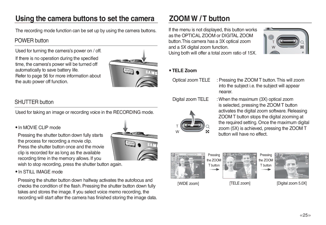 Samsung EC-L830ZRBA/IT, EC-L830ZR01KFR, EC-L830ZBBA/E1 manual Zoom W / T button, Power button, Shutter button, Tele Zoom 