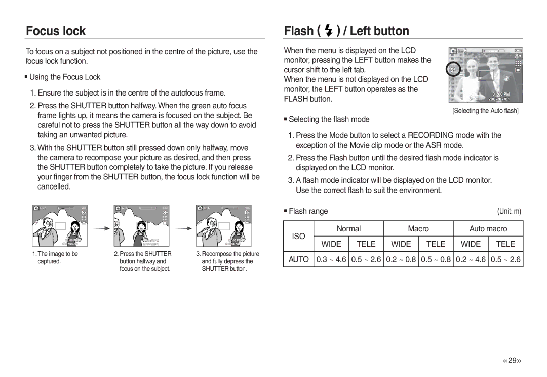 Samsung EC-L730ZRDA/E1 Focus lock, Flash / Left button, Selecting the flash mode, Flash range, Normal Macro Auto macro 