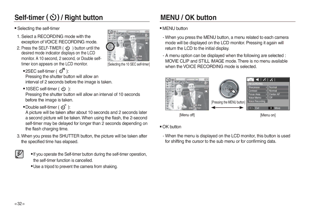 Samsung EC-L730ZSBA/AS, EC-L830ZR01KFR, EC-L830ZBBA/E1, EC-P83ZZSBA/FR, EC-L830ZRDA/E3, EC-L830ZRBA/E1 manual Menu / OK button 