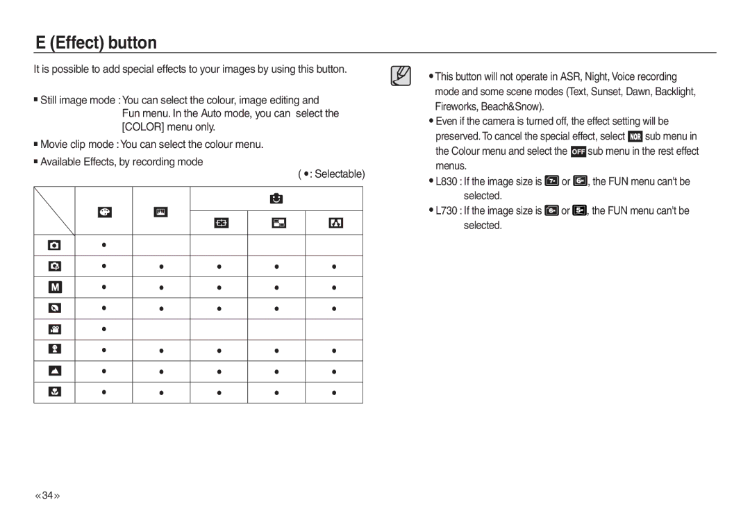 Samsung EC-L830ZSBA/AS, EC-L830ZR01KFR, EC-L830ZBBA/E1, EC-P83ZZSBA/FR, EC-L830ZRDA/E3, EC-L830ZRBA/E1 manual Effect button 