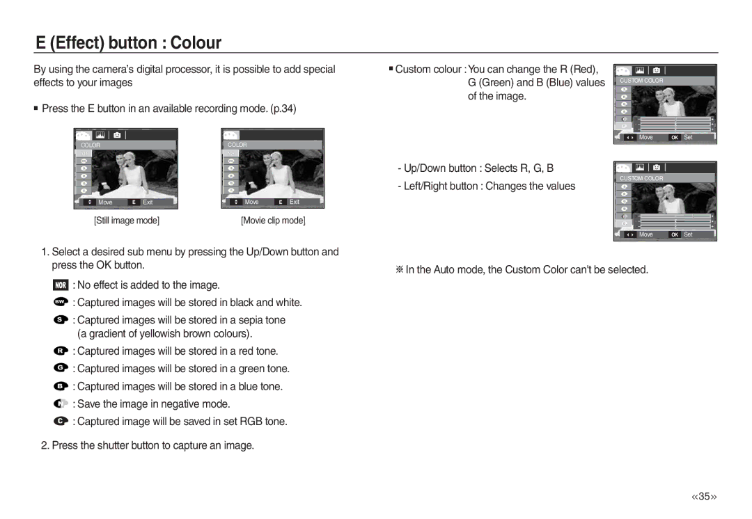 Samsung EC-L830ZSBA/GB, EC-L830ZR01KFR, EC-L830ZBBA/E1, EC-P83ZZSBA/FR manual Effect button Colour, Effects to your images 