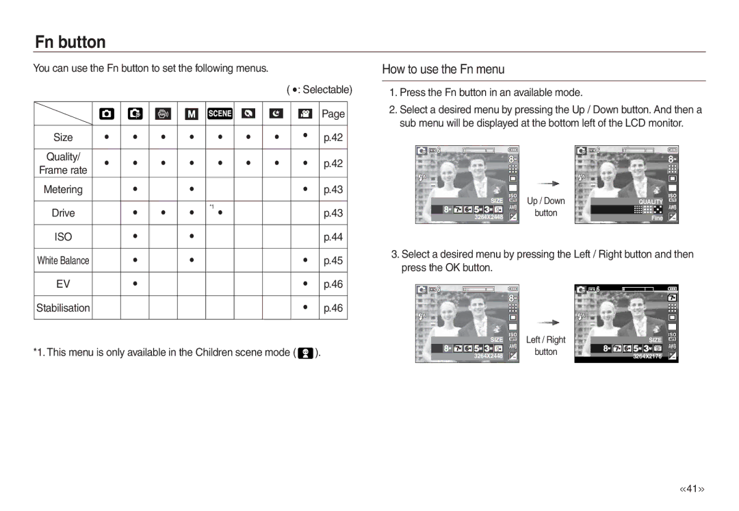 Samsung EC-L730ZBBA/AS manual Fn button, How to use the Fn menu, This menu is only available in the Children scene mode 