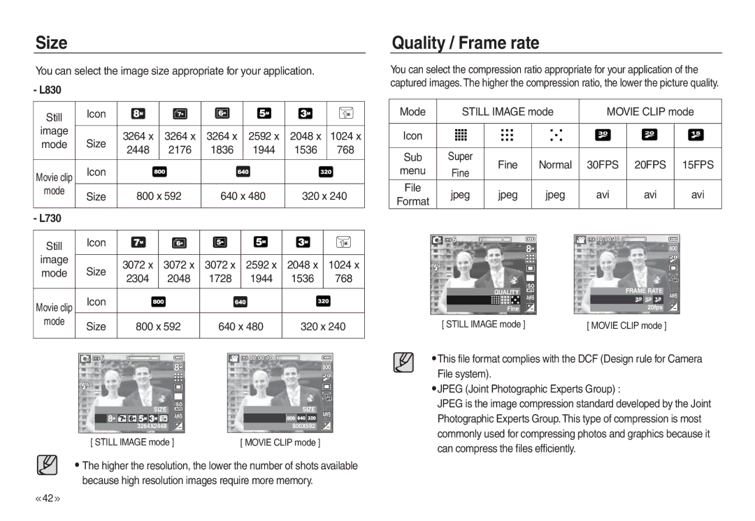 Samsung EC-L830ZRBC/E1, EC-L830ZR01KFR, EC-L830ZBBA/E1, EC-P83ZZSBA/FR, EC-L830ZRDA/E3 manual Size, Quality / Frame rate, L730 