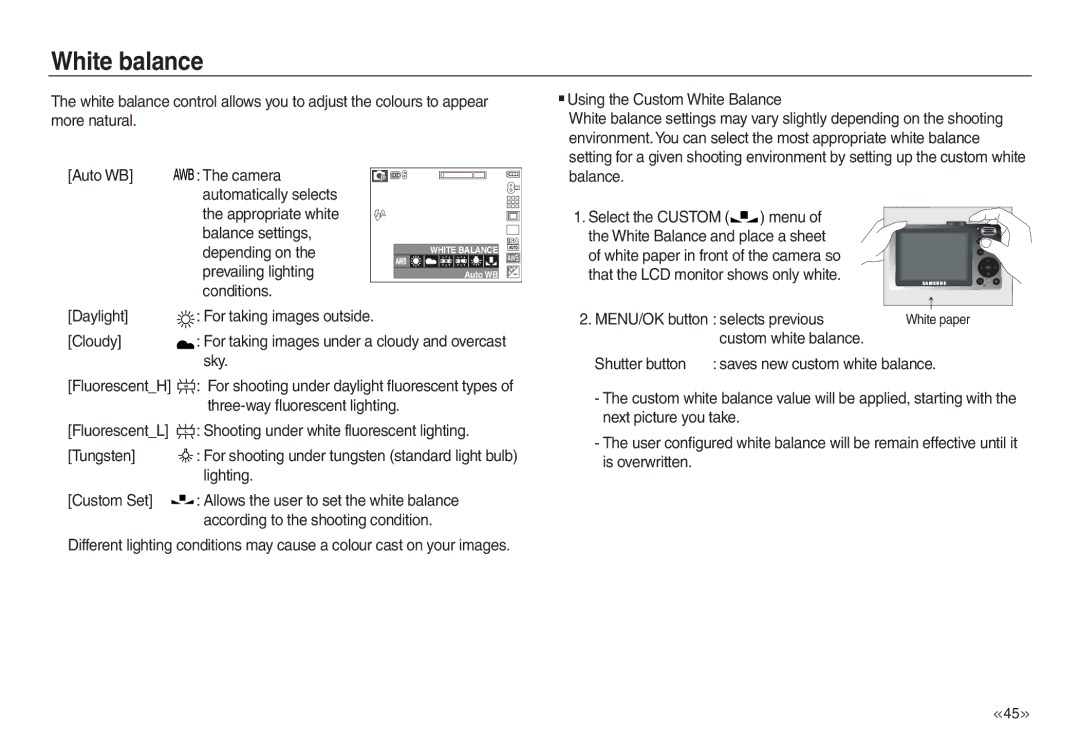 Samsung EC-L830ZSBC/E1, EC-L830ZR01KFR, EC-L830ZBBA/E1, EC-P83ZZSBA/FR, EC-L830ZRDA/E3, EC-L830ZRBA/E1 manual White balance 