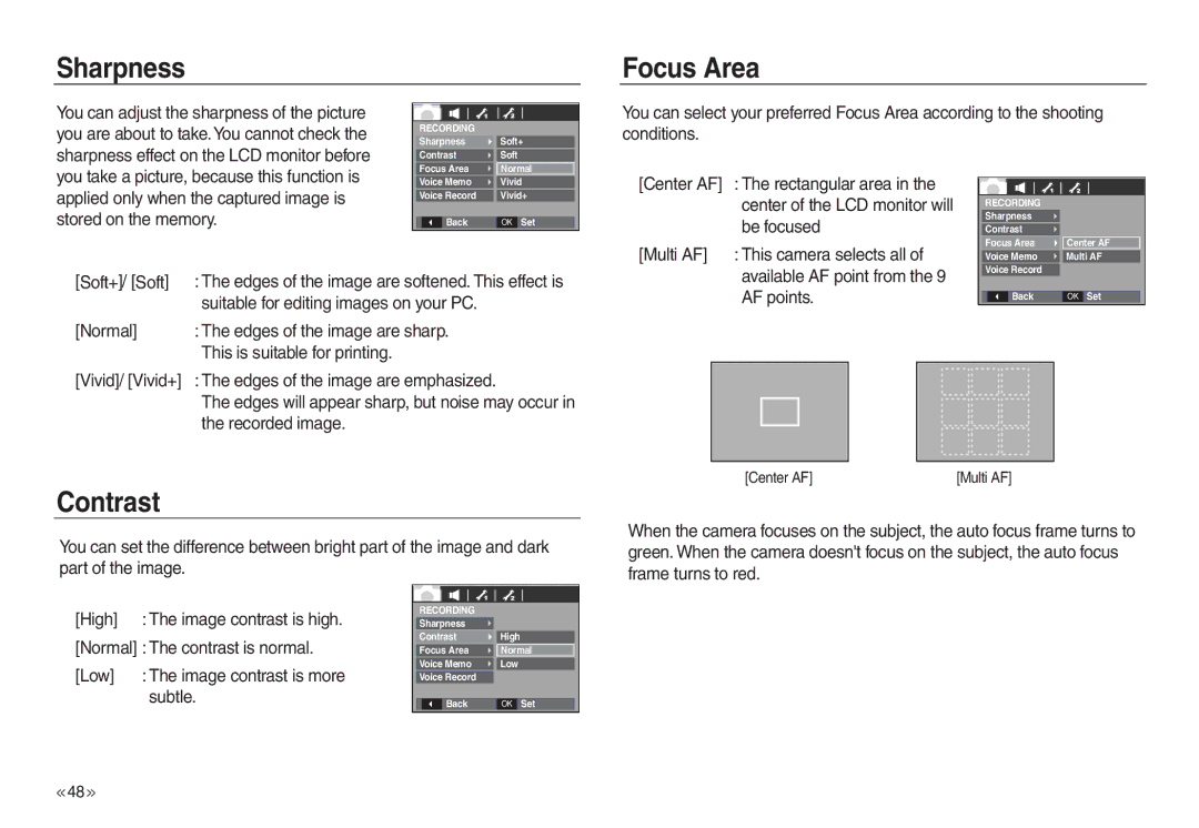 Samsung EC-L730ZSBB/E1, EC-L830ZR01KFR, EC-L830ZBBA/E1, EC-P83ZZSBA/FR, EC-L830ZRDA/E3 manual Sharpness Focus Area, Contrast 