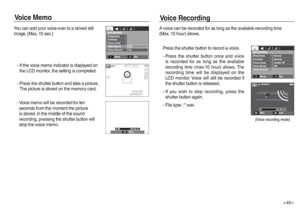 Samsung EC-L730ZRBC/E1 manual Voice Memo Voice Recording, You can add your voice-over to a stored still image. Max sec 