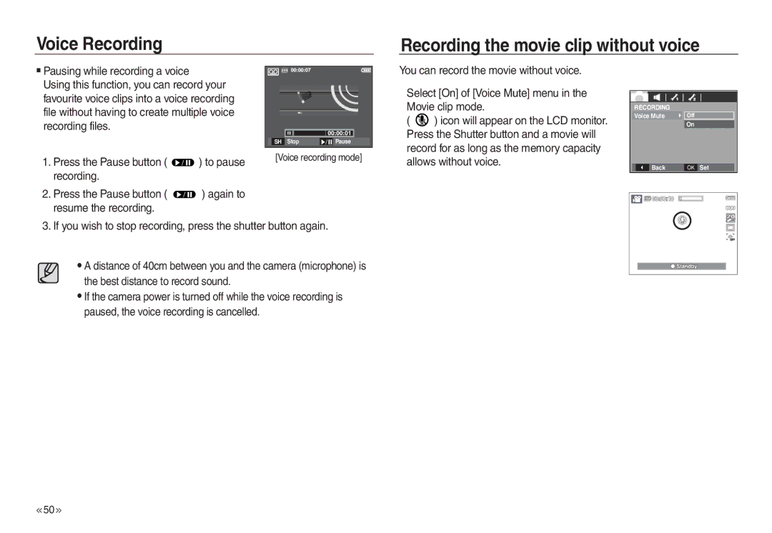 Samsung EC-L730ZBAA, EC-L730S02KFR Voice Recording Recording the movie clip without voice, Pausing while recording a voice 