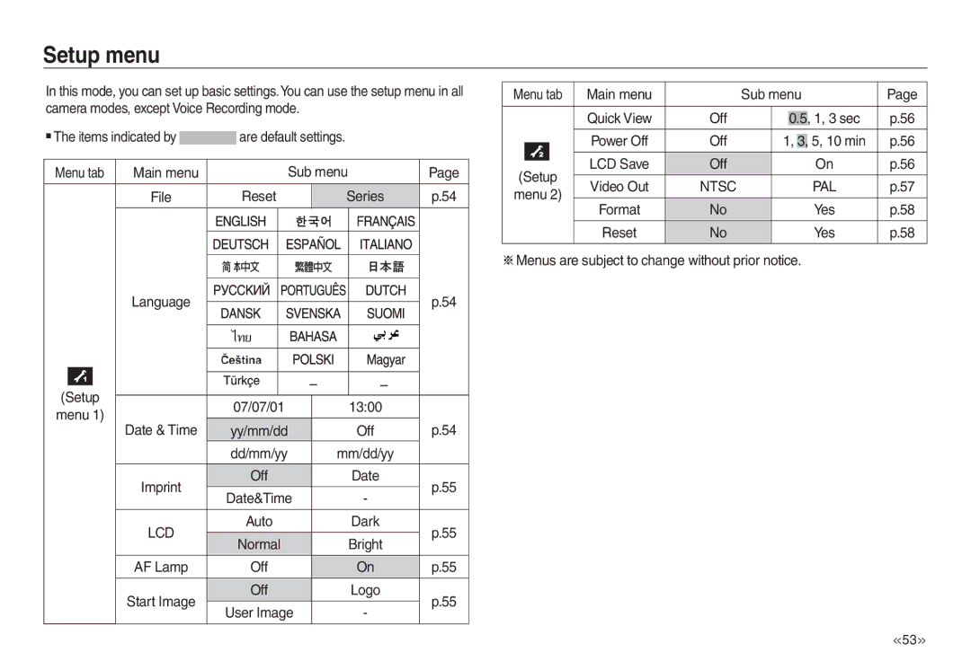 Samsung EC-L730ZBDA/AS, EC-L830ZR01KFR, EC-L830ZBBA/E1, EC-P83ZZSBA/FR, EC-L830ZRDA/E3 Setup menu, Main menu Sub menu, Dark 