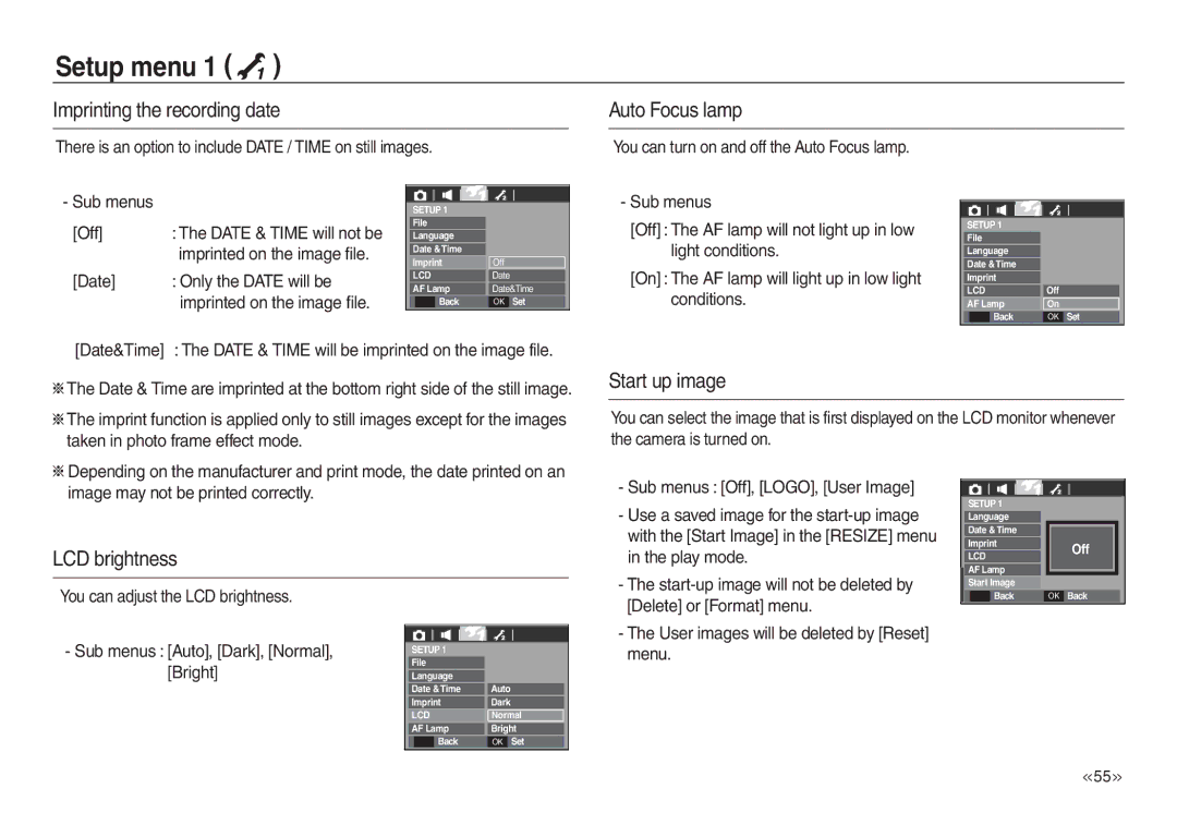 Samsung EC-L730ZRBA/AU, EC-L830ZR01KFR manual Imprinting the recording date, Auto Focus lamp, Start up image, LCD brightness 