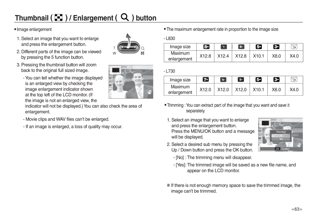 Samsung EC-L830ZRBA/IN, EC-L830ZR01KFR, EC-L830ZBBA/E1, EC-P83ZZSBA/FR, EC-L830ZRDA/E3 manual Thumbnail / Enlargement button 