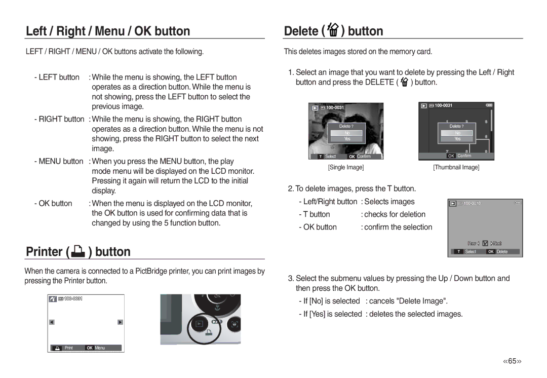 Samsung EC-L830ZRBA/US, EC-L830ZR01KFR, EC-L830ZBBA/E1 manual Left / Right / Menu / OK button, Delete button, Printer button 