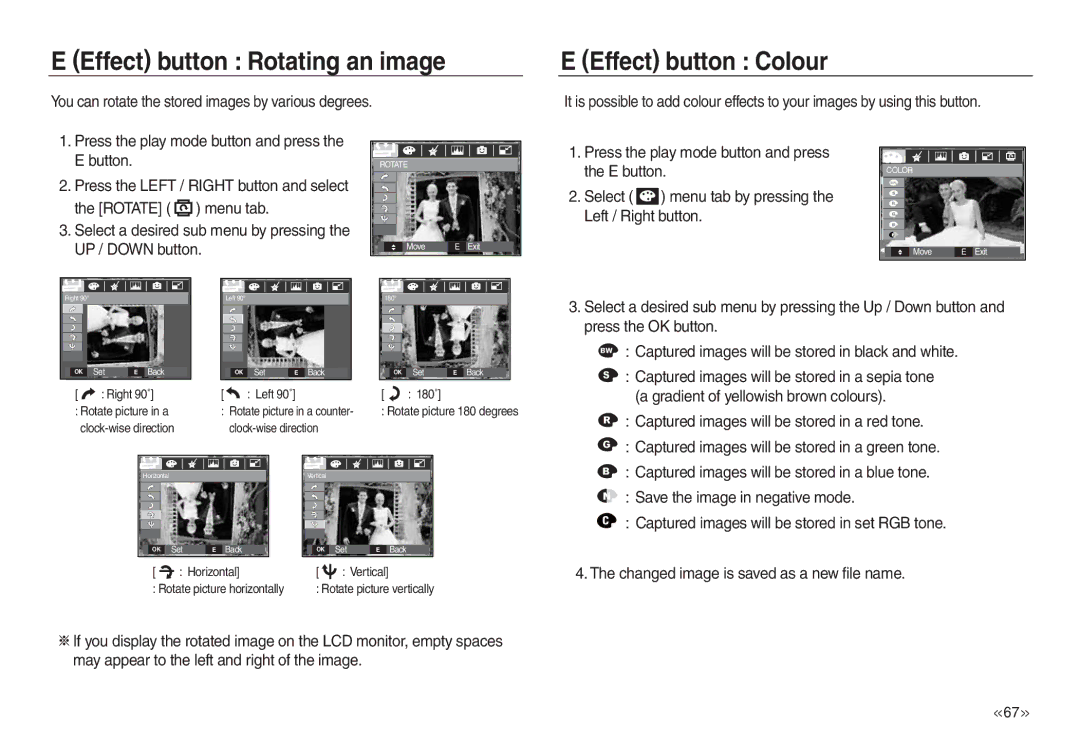 Samsung EC-L830ZRDA/E1 Effect button Rotating an image, Effect button Colour, Menu tab by pressing Left / Right button 