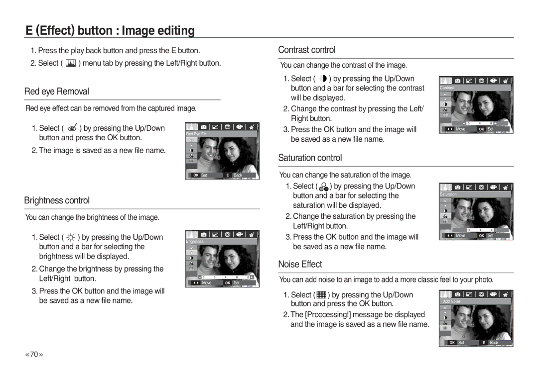 Samsung EC-L830ZBDB/E1, EC-L830ZR01KFR, EC-L830ZBBA/E1, EC-P83ZZSBA/FR, EC-L830ZRDA/E3 manual Effect button Image editing 