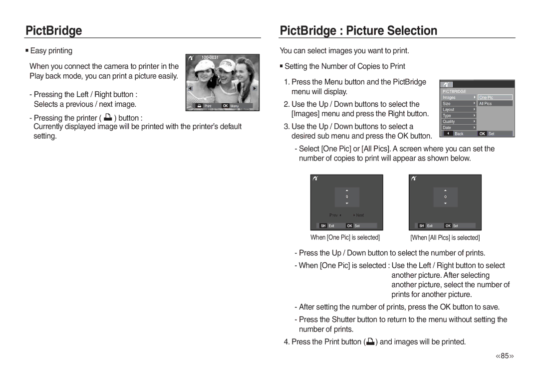 Samsung EC-L730ZBDD/AS, EC-L830ZR01KFR manual PictBridge PictBridge Picture Selection, Easy printing, Menu will display 