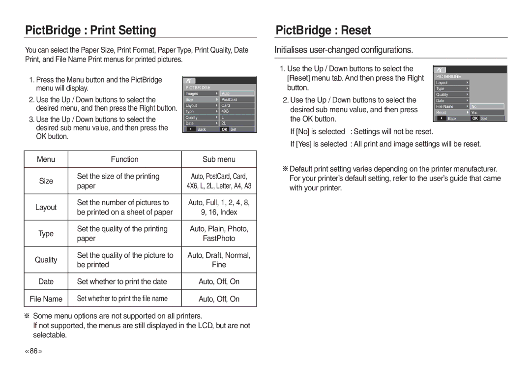 Samsung EC-L730ZRBA/SP, EC-L830ZR01KFR PictBridge Print Setting, PictBridge Reset, Initialises user-changed configurations 