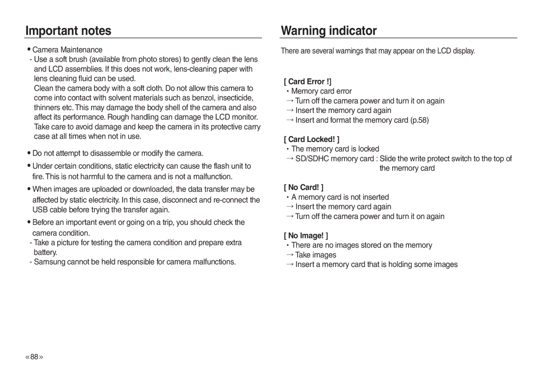 Samsung EC-L830ZSBA/TR Do not attempt to disassemble or modify the camera, Card Error, Card Locked, No Card, No Image 