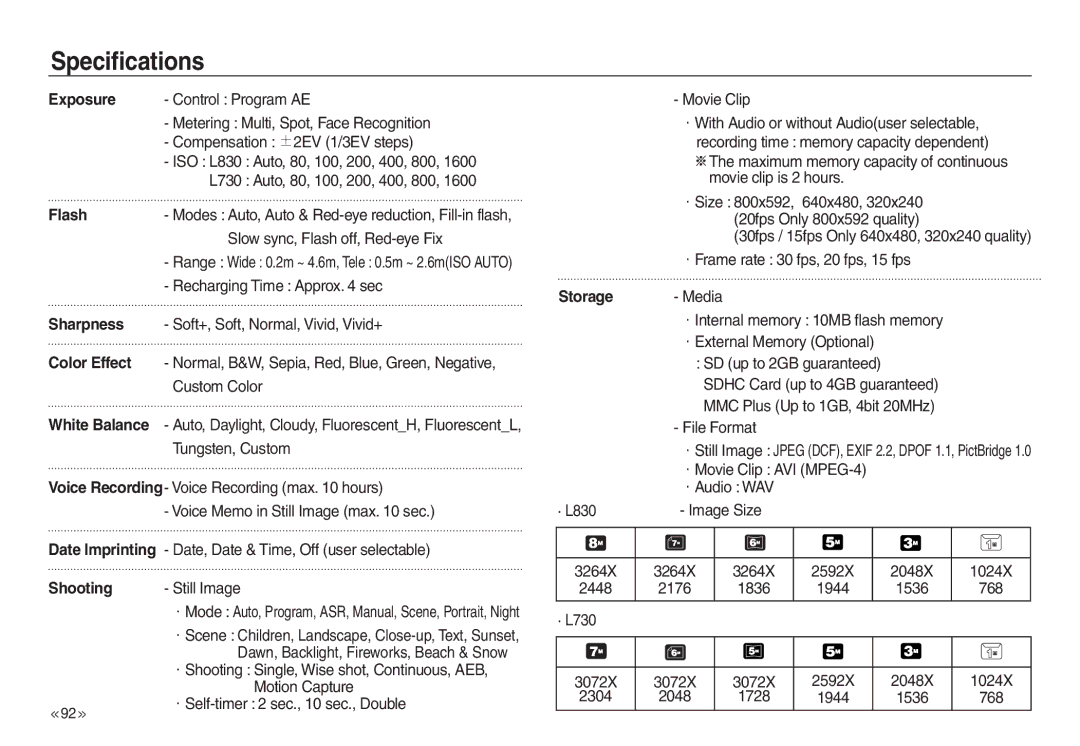 Samsung EC-L730ZSBB/AS, EC-L830ZR01KFR, EC-L830ZBBA/E1 Exposure, Flash, Sharpness, Color Effect, Storage Media, Shooting 