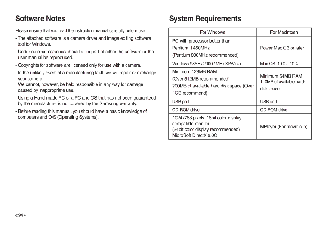 Samsung EC-L730ZRBA/US, EC-L830ZR01KFR, EC-L830ZBBA/E1, EC-P83ZZSBA/FR, EC-L830ZRDA/E3 Software Notes, System Requirements 