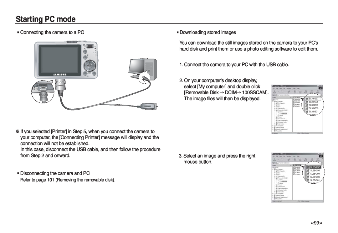 Samsung EC-L830ZBBA/US, EC-L830ZR01KFR, EC-L830ZBBA/E1, EC-P83ZZSBA/FR manual Starting PC mode, Connecting the camera to a PC 