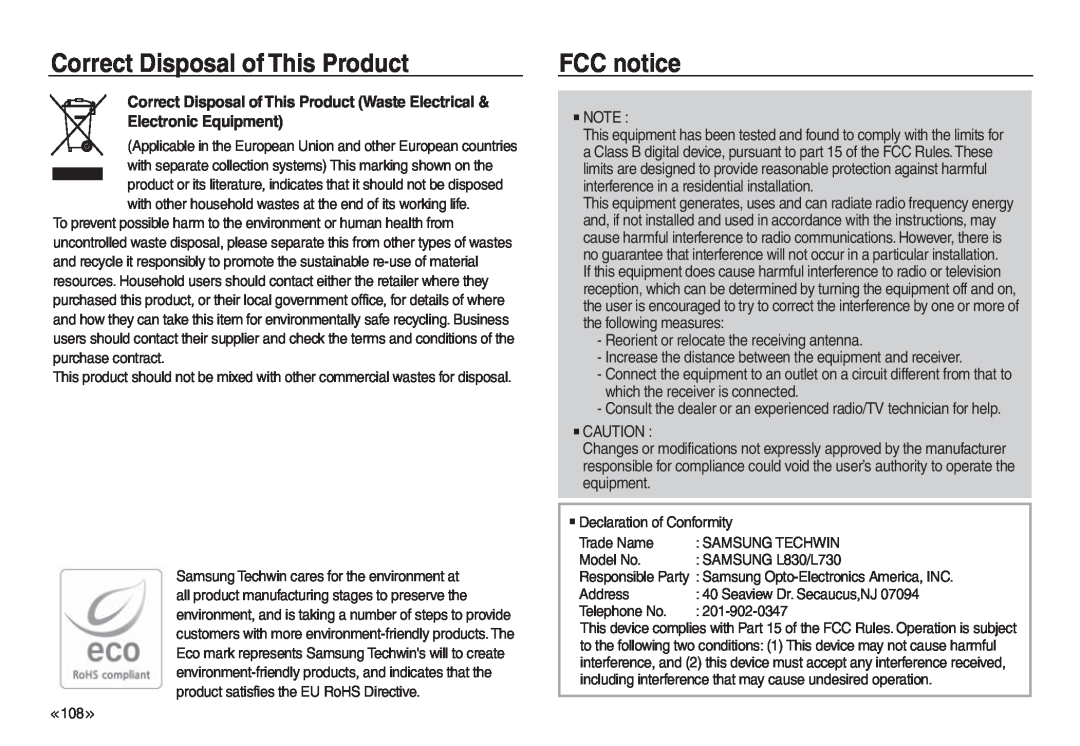 Samsung EC-L830ZSAA, EC-L730ZBAA Correct Disposal of This Product, FCC notice, Reorient or relocate the receiving antenna 