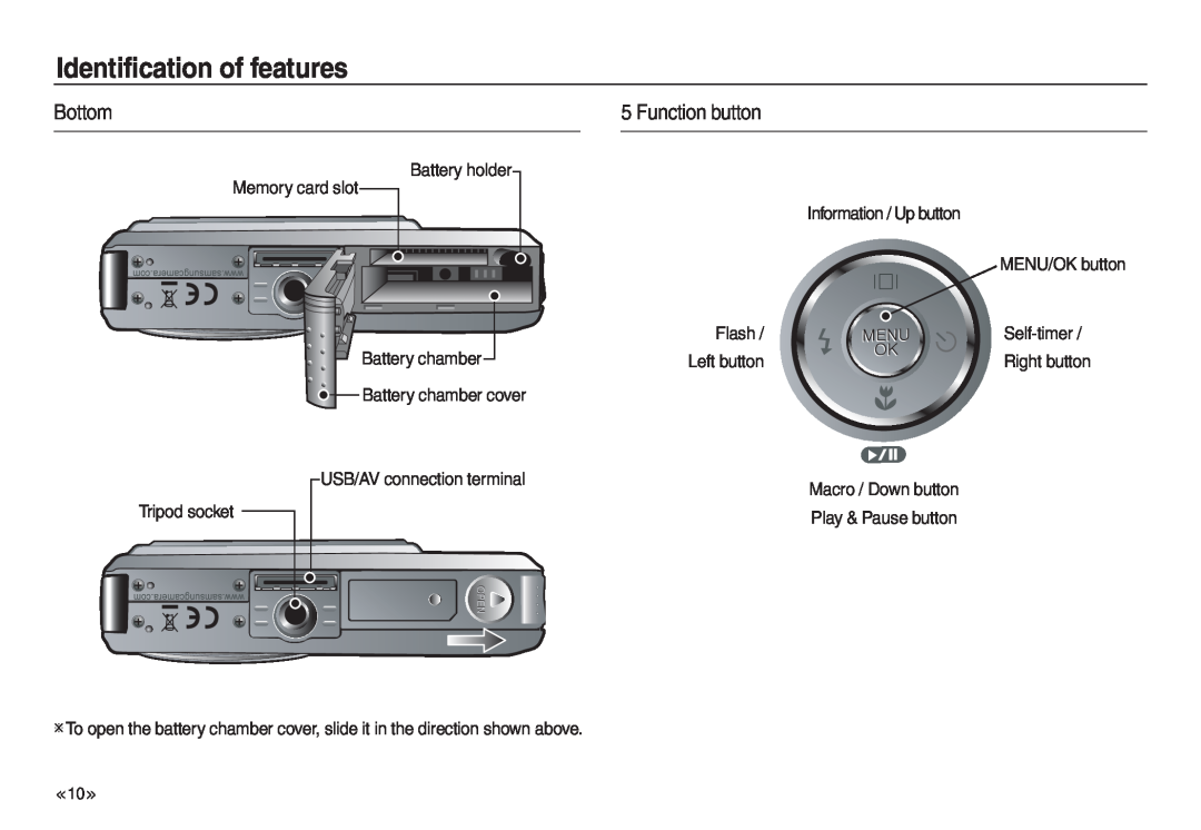 Samsung EC-L830ZSDA/E3 Bottom, Function button, Identification of features, MENU/OK button, Flash, Macro / Down button 