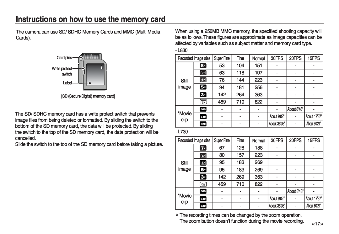 Samsung EC-L730ZSBA/E2, EC-L830ZR01KFR, EC-L830ZBBA/E1, EC-P83ZZSBA/FR manual Instructions on how to use the memory card 