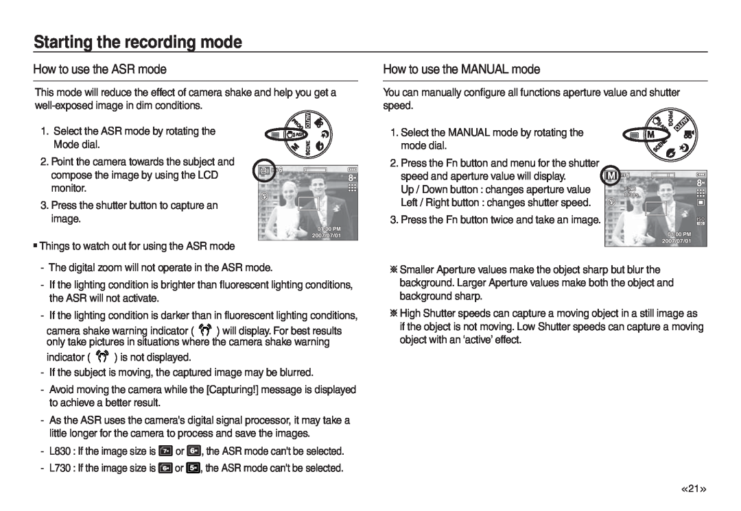 Samsung EC-L830ZBBA/E2, EC-L830ZR01KFR How to use the ASR mode, How to use the MANUAL mode, Starting the recording mode 
