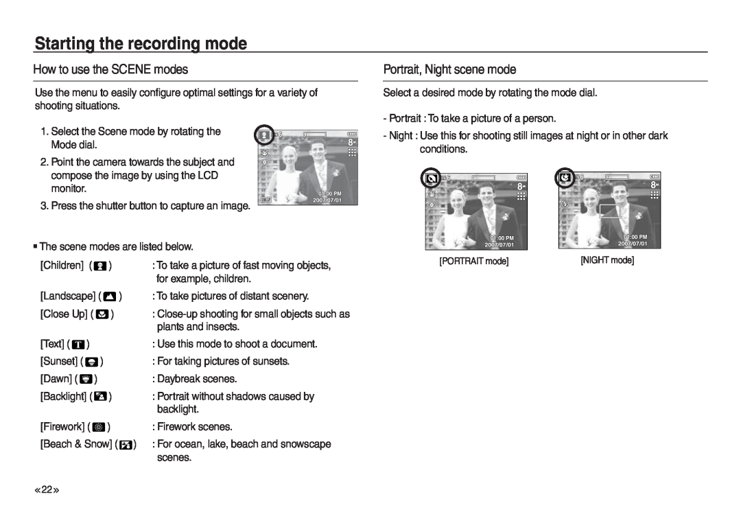 Samsung EC-L830ZBBA/IT manual How to use the SCENE modes, Portrait, Night scene mode, Starting the recording mode, Firework 