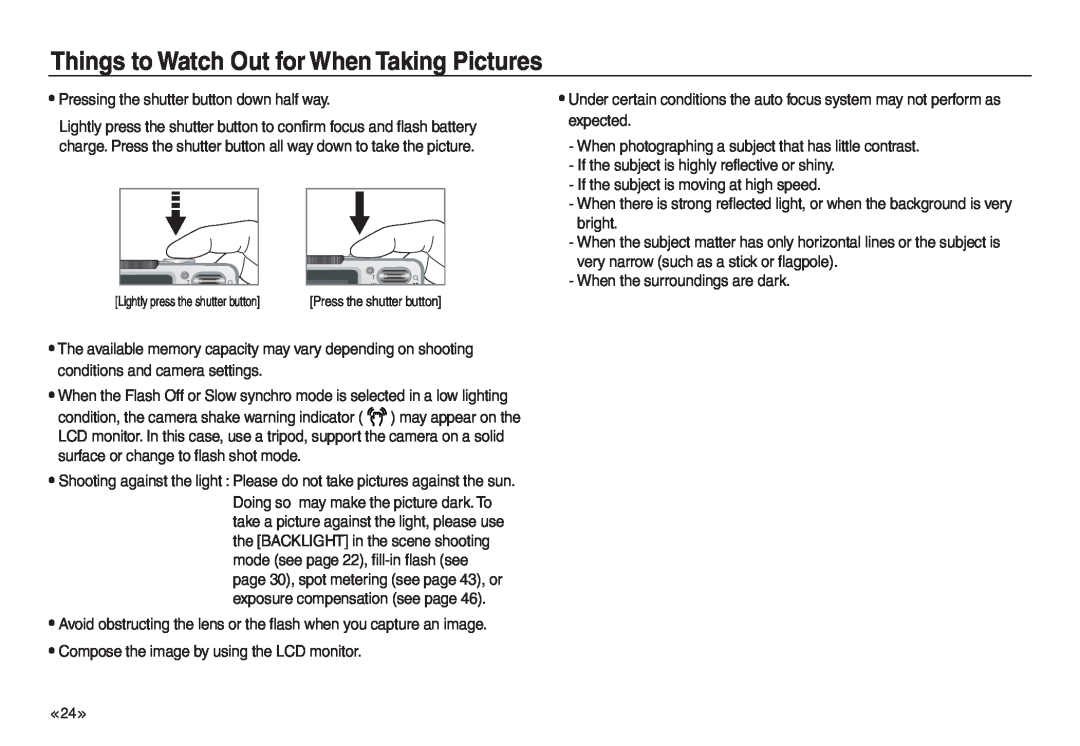 Samsung EC-L830ZSBA/IT, EC-L830ZR01KFR, EC-L830ZBBA/E1, EC-P83ZZSBA/FR manual Things to Watch Out for When Taking Pictures 