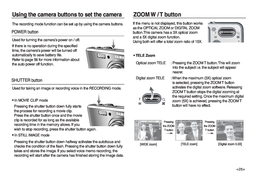 Samsung EC-L830ZRBA/IT manual ZOOM W / T button, Using the camera buttons to set the camera, POWER button, SHUTTER button 