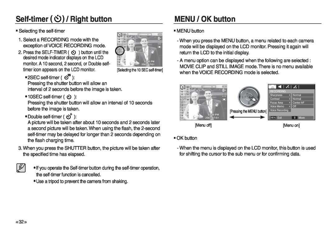 Samsung EC-L730ZSBA/AS, EC-L830ZR01KFR, EC-L830ZBBA/E1, EC-P83ZZSBA/FR manual MENU / OK button, Right button, Self-timer 