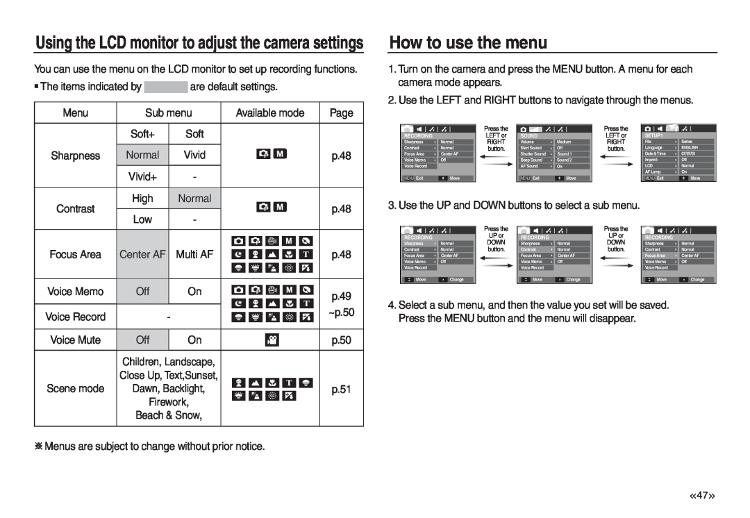 Samsung EC-L730ZSBC/E1, EC-L830ZR01KFR manual How to use the menu, Using the LCD monitor to adjust the camera settings 