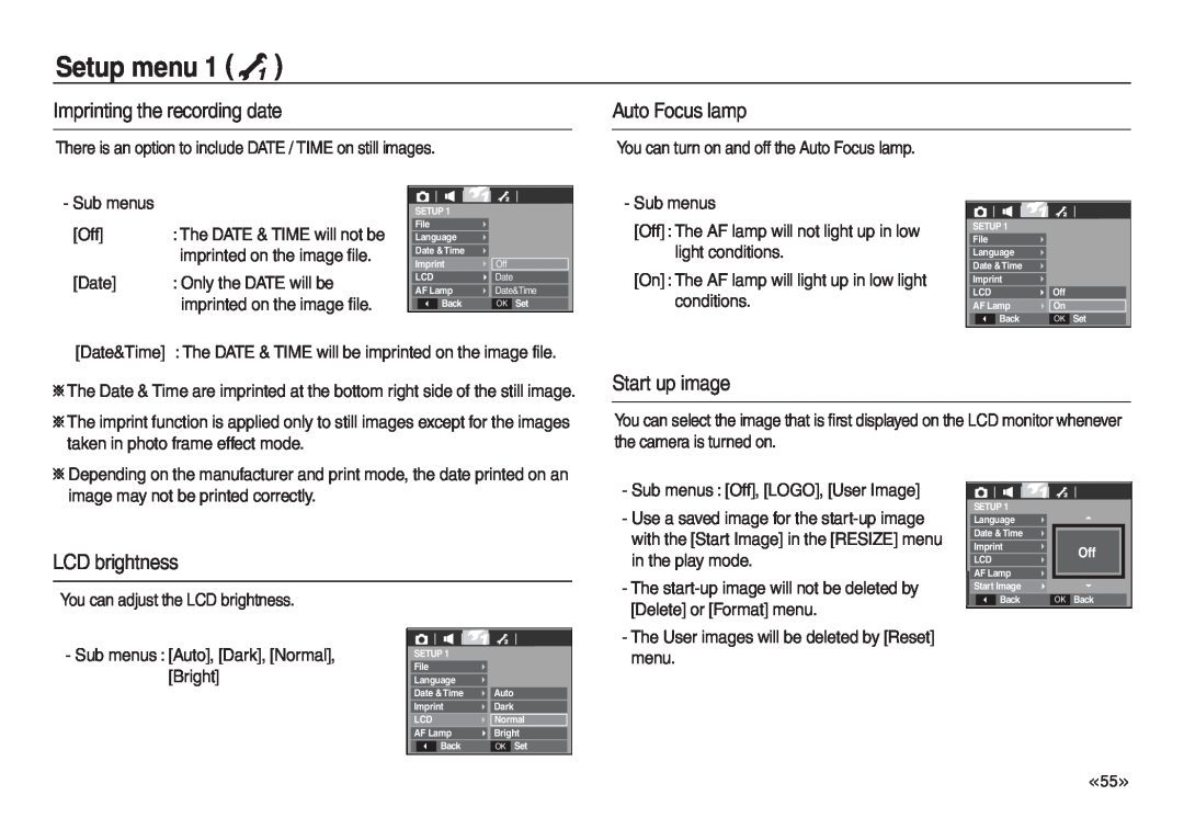 Samsung EC-L730ZRBA/AU manual Imprinting the recording date, Auto Focus lamp, Start up image, LCD brightness, Setup menu 
