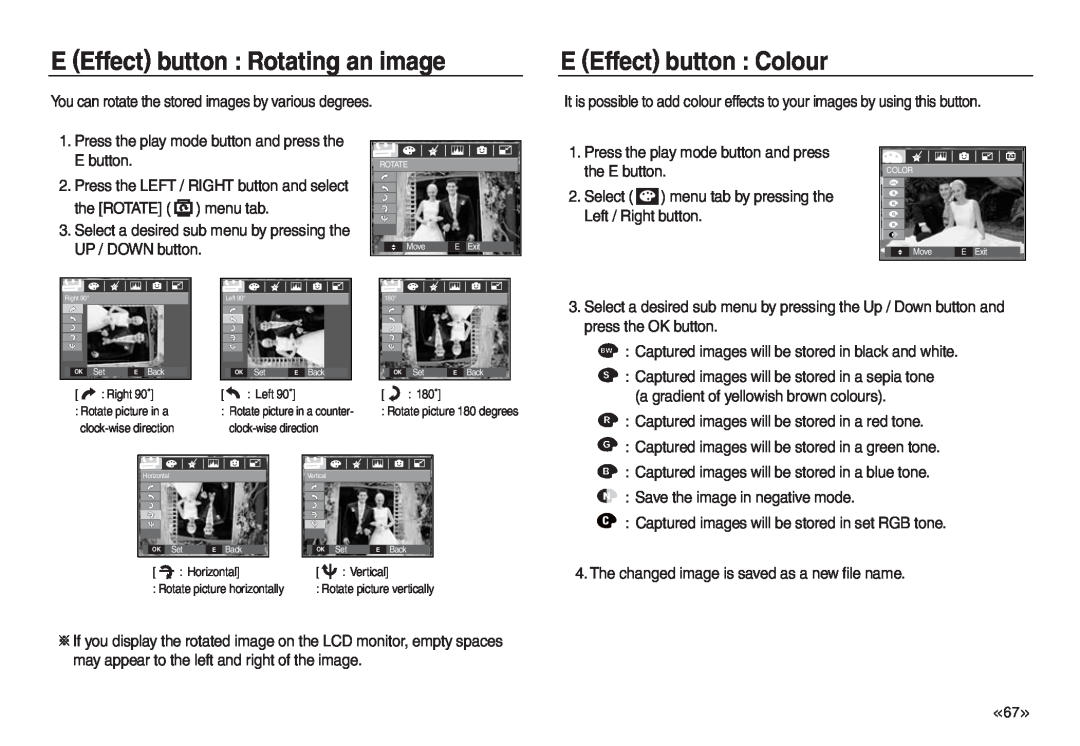 Samsung EC-L830ZRDA/E1 E Effect button Rotating an image, E Effect button Colour, Select, Right 90˚, Left 90˚, Horizontal 